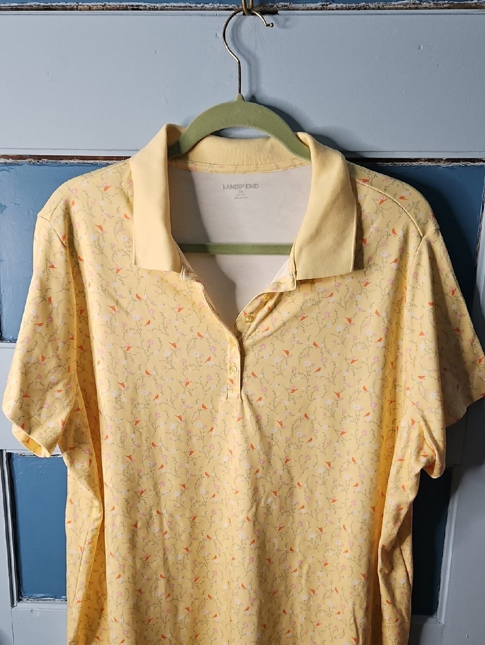 Lands' End Women Pale Yellow Floral Polo 2X